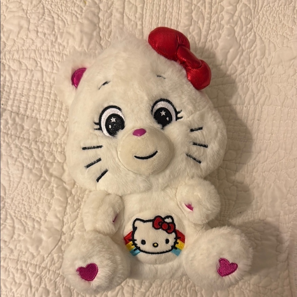 Hello Kitty/Care Bear Plush with Red Bow and Rainbow